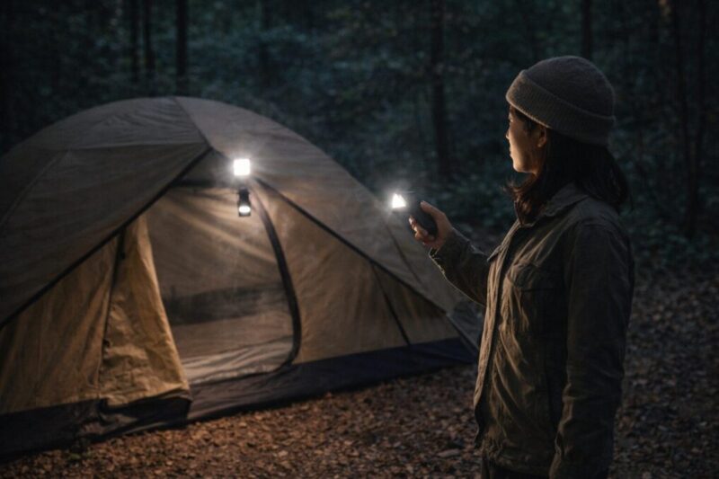 夜のサイトでライトを点けて周囲を確認し、防犯意識を示すソロキャンプのイメージ