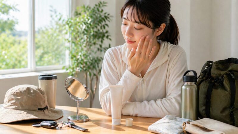 朝の外出前にUVベースを頬になじませながら身支度をする女性のイメージ