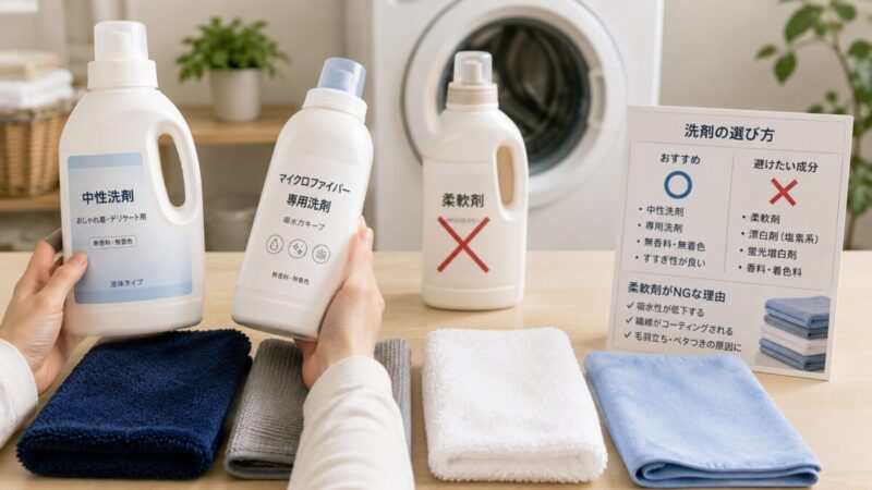 吸水タオルに使う中性洗剤と専用洗剤を選び柔軟剤を分けている様子