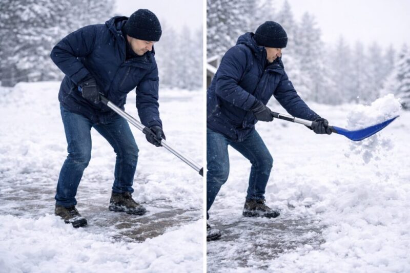 雪を押して寄せてから少量をすくい、負担を減らしながら運ぶ動作が分かる様子