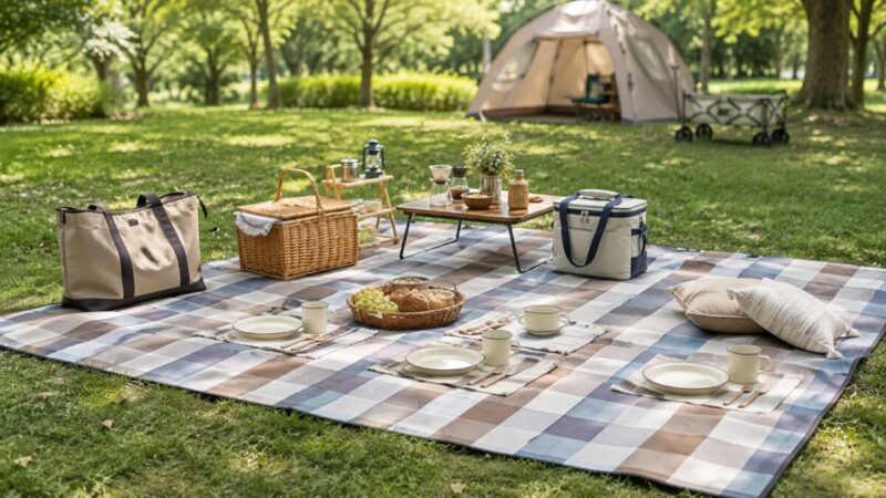 芝生に広げた大きめのレジャーシートに4人分の食器や外遊び用品を並べたピクニックのイメージ