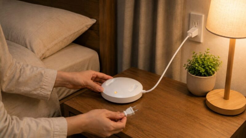 一晩中使う前に平たい電気式マット蚊取り器の本体とコードを確認する様子