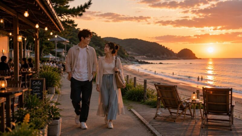 夕暮れの海辺でカフェと散歩と夕景を楽しむ大人のカップル