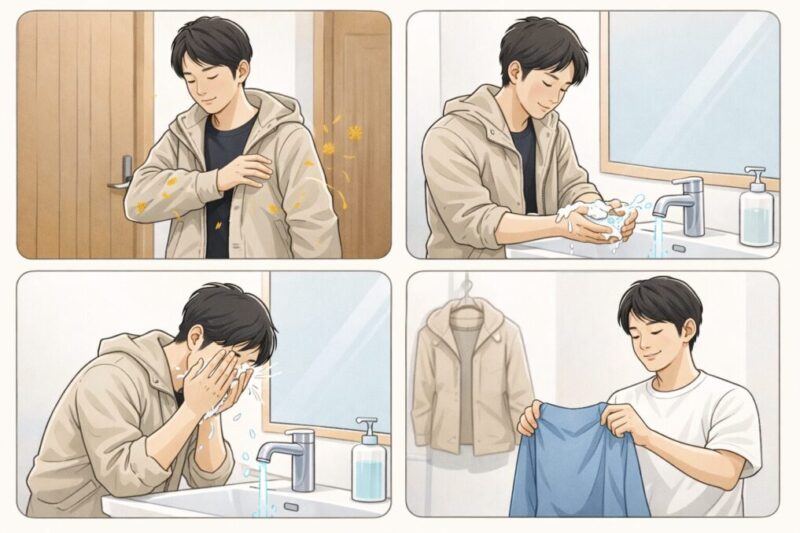 帰宅後すぐできる花粉対策の流れを示すイメージ