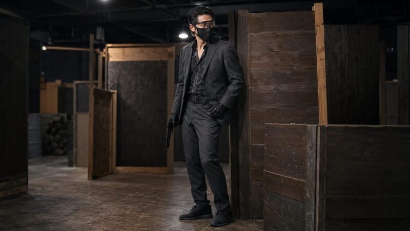 落ち着いたダークスーツと柄シャツを合わせたマフィア風のサバゲー装備