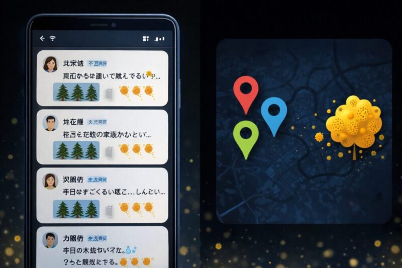 地域名つきの投稿を見て花粉の体感傾向を確認するイメージ