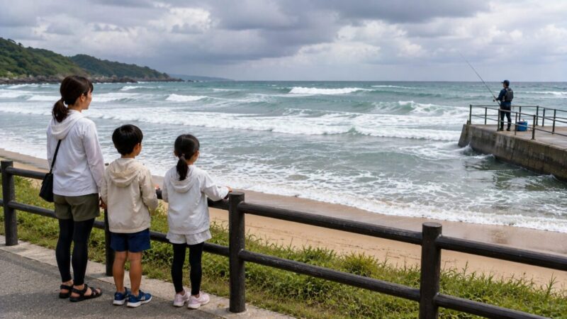 白波が立つ海を柵の内側から眺める親子とライフジャケットを着た釣り人