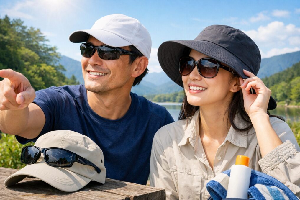 夏の湖畔で帽子とサングラスを着用し、日差し対策をしながらアウトドアを楽しむ男女