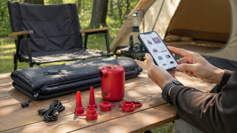 キャンプ場で小型モバイルポンプの付属品を確認しながらスマホで購入先を比較している様子
