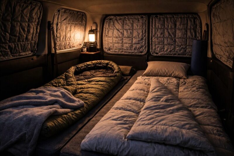 冬の車中泊で防寒対策を施した寝床