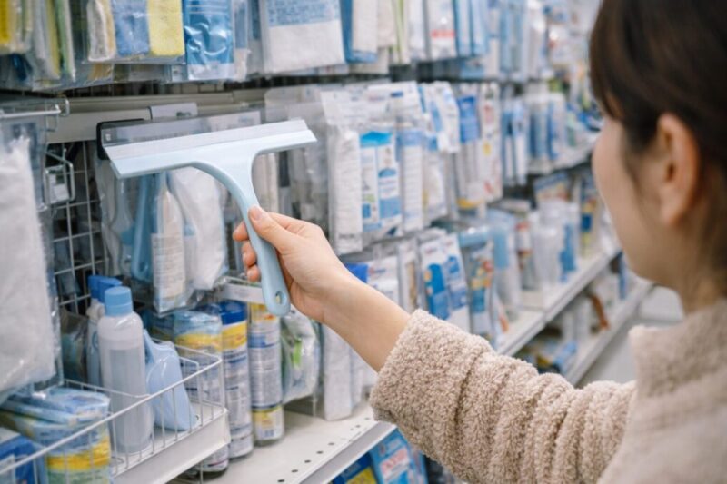 店内の清掃用品売り場で窓用ワイパーを手に取って選んでいる様子