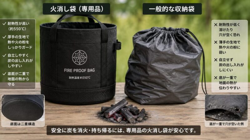 厚手で自立する火消し袋と薄手の収納袋を並べ、炭や火ばさみを使った焚き火後の片付け用品を比較している写真。