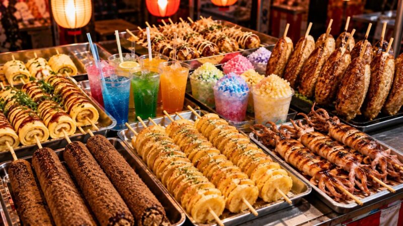肉巻きおにぎり風の串やいか焼きなど珍しい夏祭りの変わり種屋台フード
