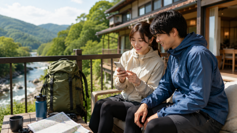 外遊び旅行の宿泊先でスマートフォンを確認する男女