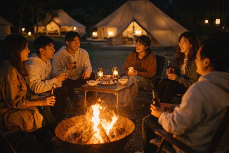 男女混合グループが焚き火を囲んで夜を楽しむグランピングの様子