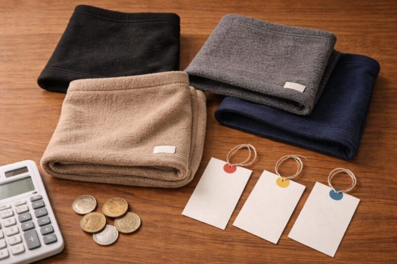 折りたたんだフリースのネックウォーマー数枚と、電卓・硬貨・値札タグを並べて価格感を比較するイメージ
