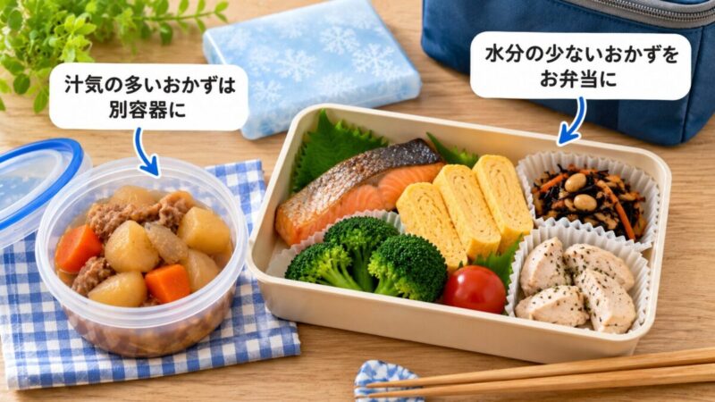 汁気の多い煮物を別容器に分け、焼き魚や卵焼き、ブロッコリーを仕切り付き弁当箱に詰めた様子。
