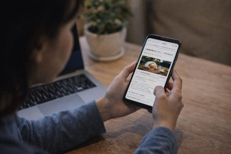 グランピング予約前に設備や条件を確認している人物