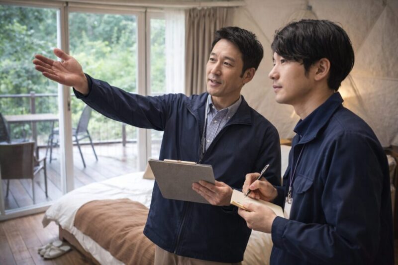 グランピング施設でキャリアアップを目指すスタッフのイメージ