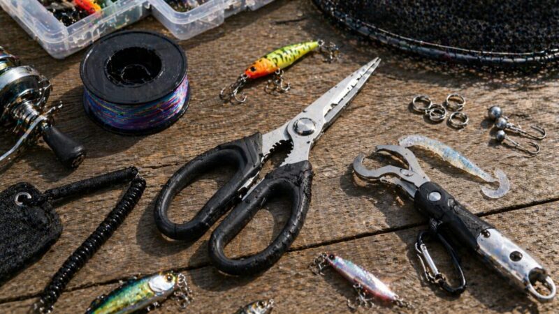 釣り用ハサミを中心に、ルアーやライン、周辺小物を並べて多用途に使える様子
