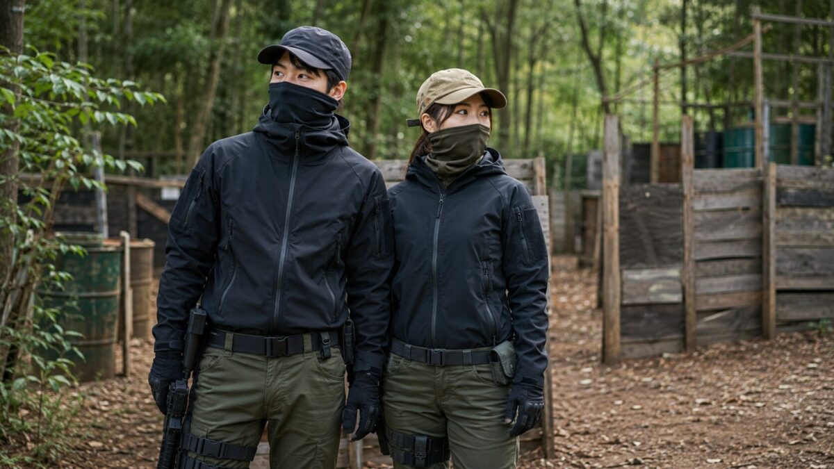 ワークマン風の黒とカーキの服装でサバゲー初心者が屋外フィールドに立つイメージ