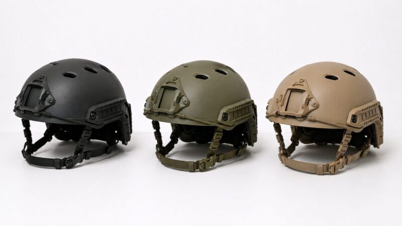 タクティカルヘルメットの色やレール形状を比較するために並べた画像。