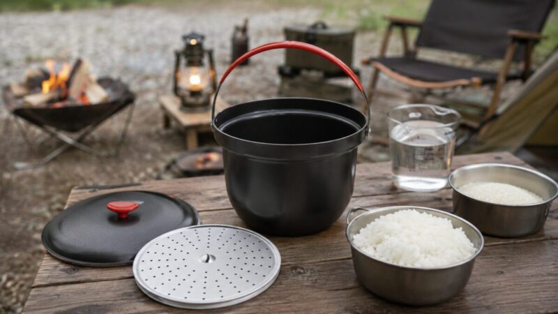ライスクッカーの周りに米と水を並べ、キャンプ炊飯前の水加減を確認している様子