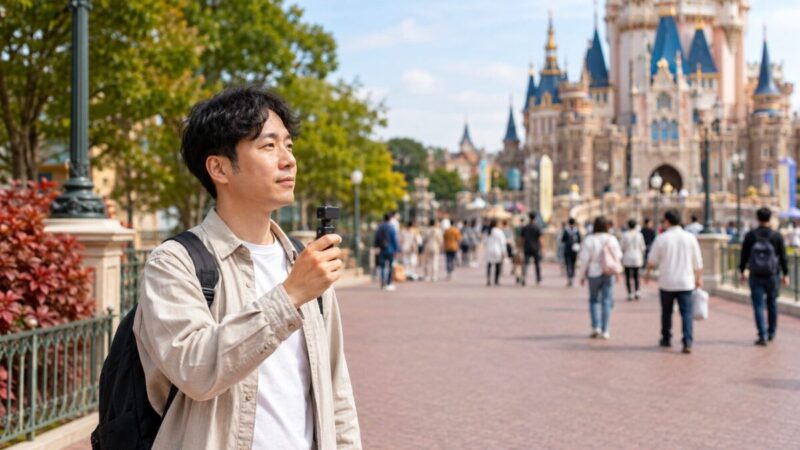 テーマパークの通路脇で、短い手持ちグリップに付けた小型カメラを胸元の高さで持つ男性。