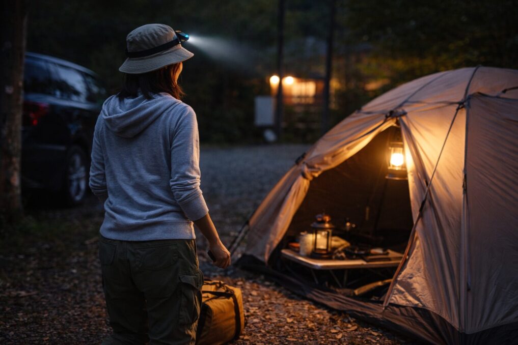 夕方の林間キャンプ場で、ライトで周囲を確認しながらテント前を整える女性ソロキャンプの様子