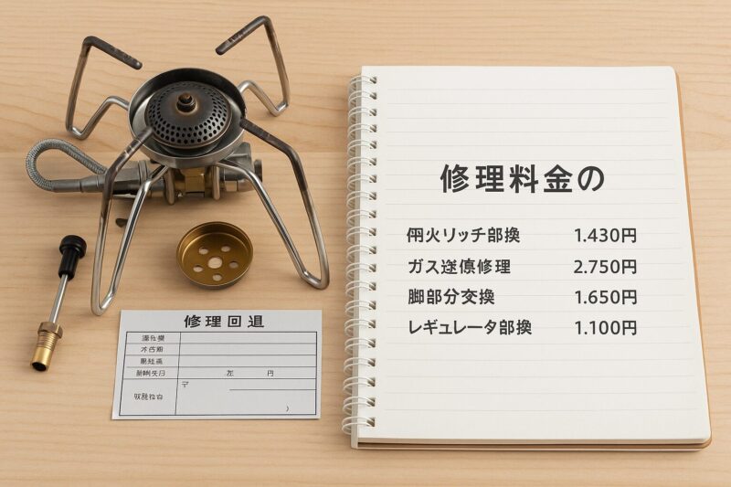 ストーブと修理部品を並べた状態横に料金一覧表(修理内容別の価格)を置いた構図