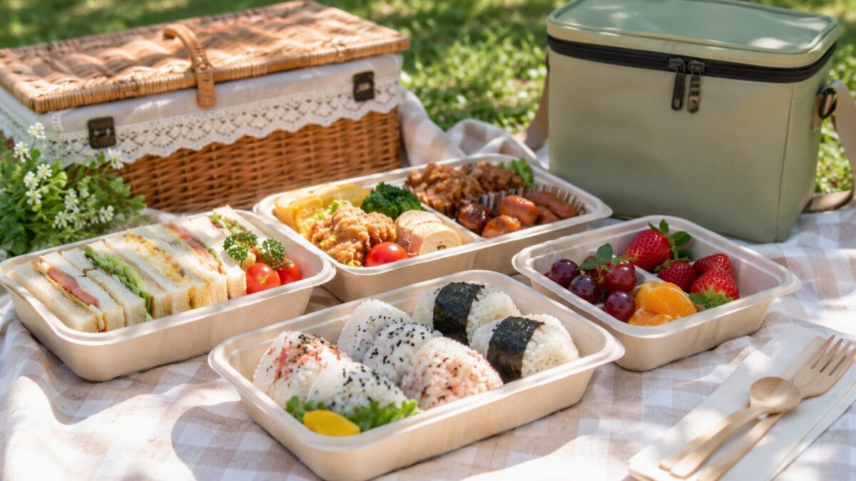芝生のピクニックマットに、使い捨てランチボックスへ詰めたおにぎり・サンドイッチ・おかず・フルーツと保冷バッグ、バスケットを並べた様子。