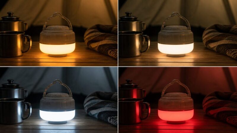 LEDランタンの電球色、自然色、昼白色、赤色モードを比較するイメージ