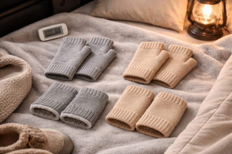 車中泊の末端冷え対策として手首足首ウォーマーを準備するイメージ