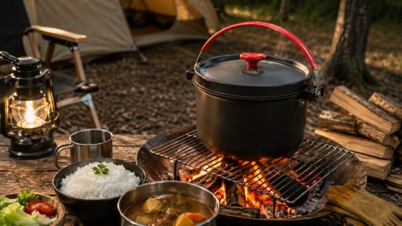 焚き火台の焼き網に黒いライスクッカーを置き、キャンプ炊飯の火加減を確認している様子