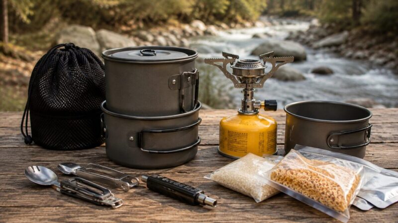 大きめのクッカーとOD缶、小型バーナーに米と袋麺を並べたキャンプ飯準備のイメージ