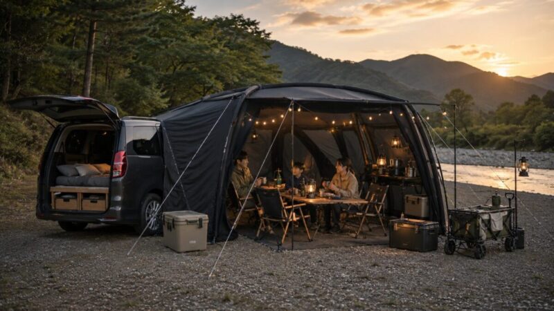 車の横に大型シェルターを設営し、夕方のキャンプ場で家族がくつろいでいる様子