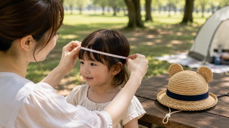 キッズ用麦わら帽子を選ぶために子どもの頭囲を測っている様子