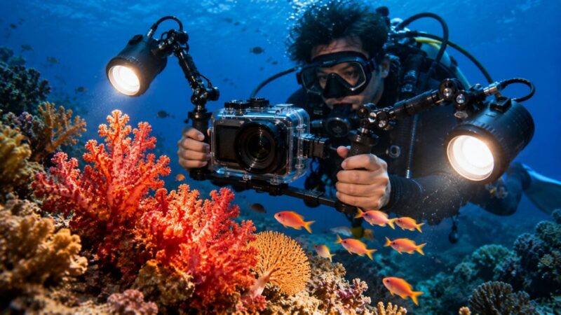水中ライトで赤いサンゴと魚を照らしながら撮影するダイバー