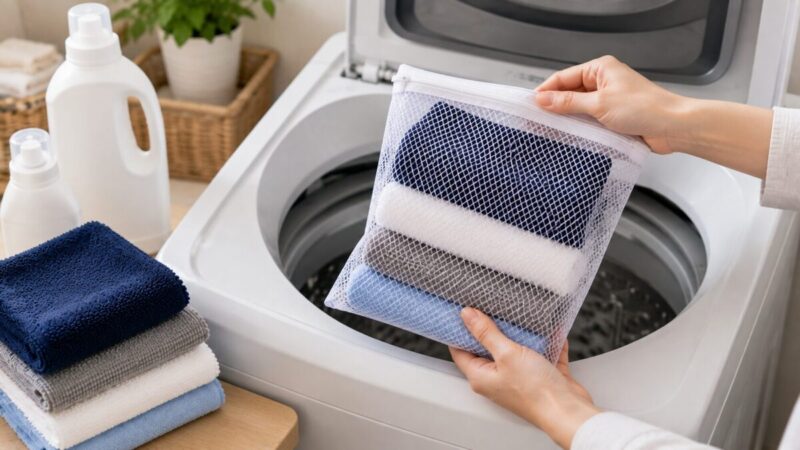 大きめの洗濯ネットに吸水タオルを余裕を持って入れ洗濯機で洗う準備