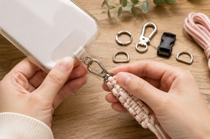 スマホショルダーの接続パーツを手元で確認しているイメージ