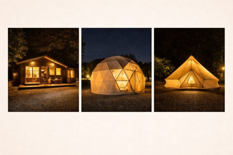 コテージ、ドームテント、ベルテントの違いを比較した宿泊タイプの説明画像