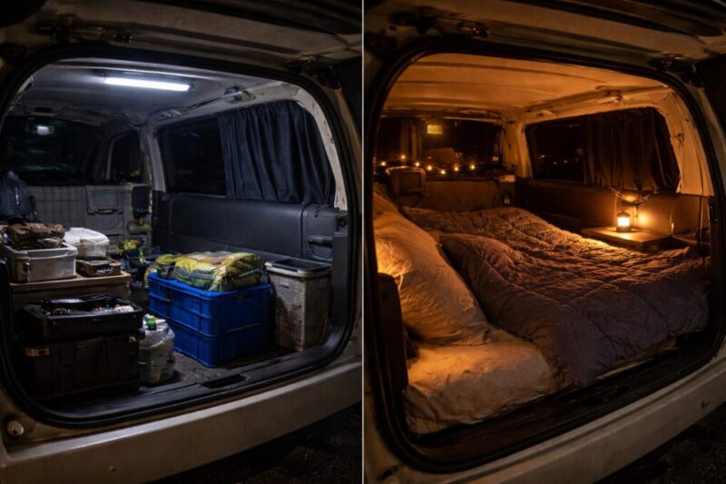 車中泊の車内で白色ライトと暖色ライトを使い分ける比較イメージ