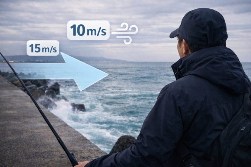 風向と風速を確認しながら釣り場を選ぶ海釣りのイメージ