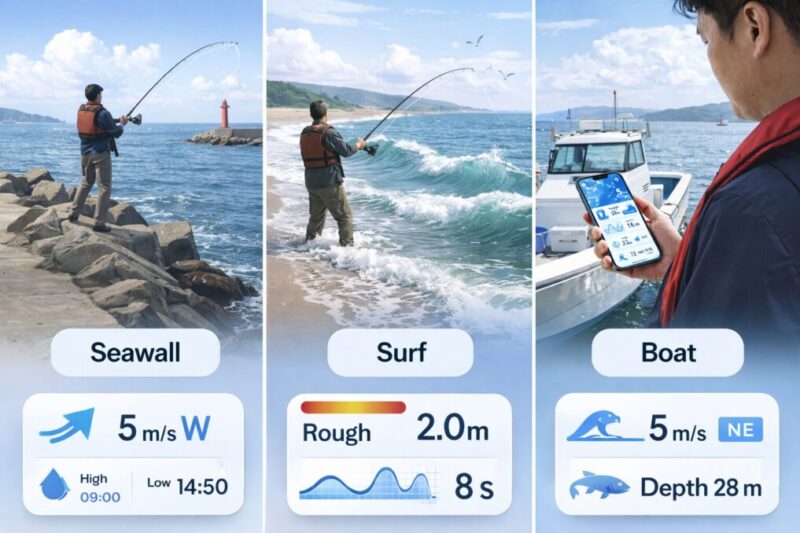 堤防、サーフ、船で確認したい情報の違いをイメージした比較図