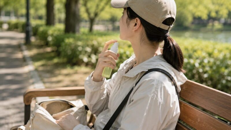 散歩中に公園のベンチで日焼け止めミストを首元に塗り直すイメージ