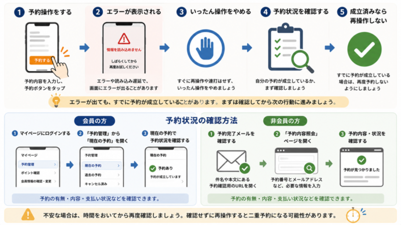 予約エラー後に予約状況を確認し、成立済みなら再予約しない手順