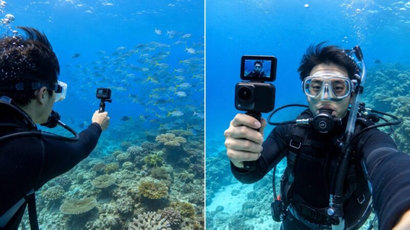 魚群の広角撮影と可動式画面を使った水中自撮りを比較するダイバー