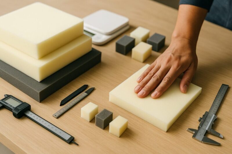 厚み違いのウレタンを並べ、計測しながら硬さを確かめているイメージ