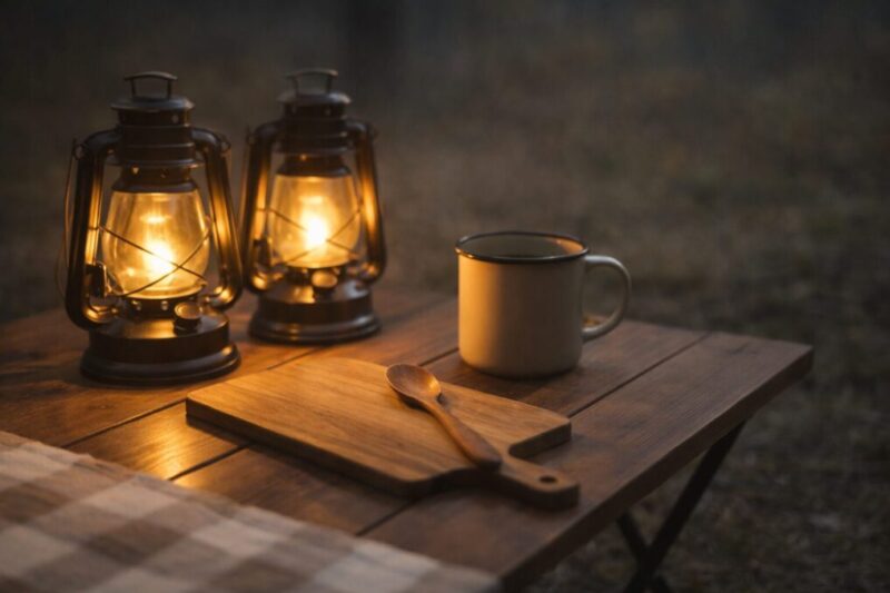 暖色ランタンの光で木目テーブル周りが柔らかく見える手元のイメージ