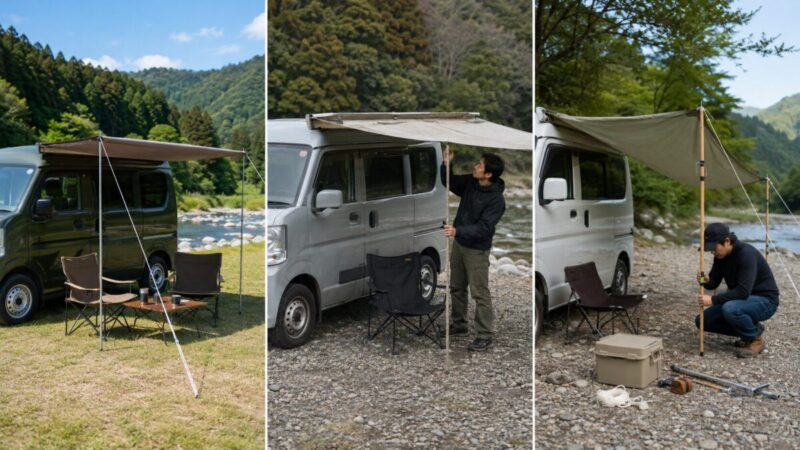新品・中古・自作のサイドオーニングを使用人数と設営スタイル別に比較した画像